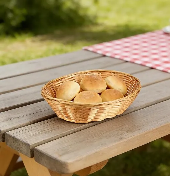 SINJEUN 15 Pack Wicker Bread Basket, Handwoven Oval Plastic Basket, Woven Tabletop Fruit Vegetables Food Serving Basket for Home, Kitchen, Restaurant, Light Brown