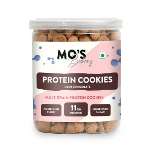 Mo’s Dark Chocolate Protein Cookies –150g | 11 G protein per 100g Serve | Mini Cookies | Multigrain, Plant-Based Snack with Pea Protein, Barley, Ragi & Oats | Sweetened with Jaggery