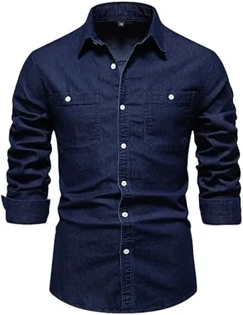 Mens Shirts Long Sleeve Button Down Shirts Casual Denim Tops Western Jean Shirt Lightweight Breathable Top Thin Pocket Shirt