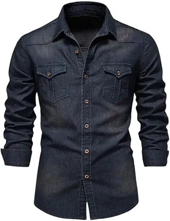 Mens Shirts Long Sleeve Button Down Shirts Casual Denim Tops Western Jean Shirt Lightweight Breathable Top Thin Pocket Shirt
