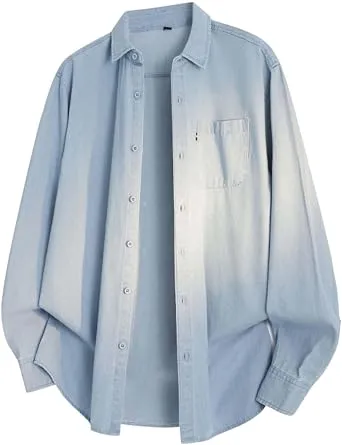 Mens Shirts Long Sleeve Button Down Shirts Casual Denim Tops Western Jean Shirt Lightweight Breathable Top Thin Pocket Shirt