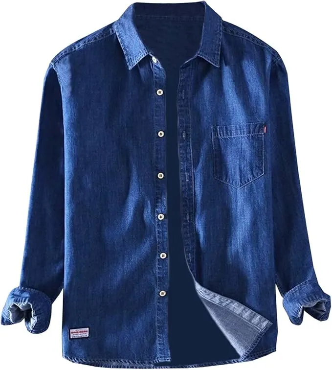 Mens Shirts Long Sleeve Button Down Shirts Casual Denim Tops Western Jean Shirt Lightweight Breathable Top Thin Pocket Shirt