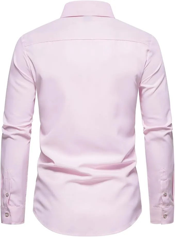 Mens Dress Shirts Slim Fit Long Sleeve Solid Button Down T-Shirt Regular-Fit Collared Shirts Work Party Tops Tees