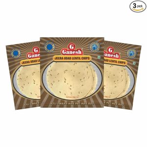 Ganesh Papad Jeera Udad lentil Papadum Chips, Pack of 3 Each 15 Pcs(200g /7oz) Handmade Indian Pappadums, Roast, Fry or Microwaveable, Protein & Fiber, No Preservatives, Ideal for Taco Shell, Nacho & Tea Party Snack