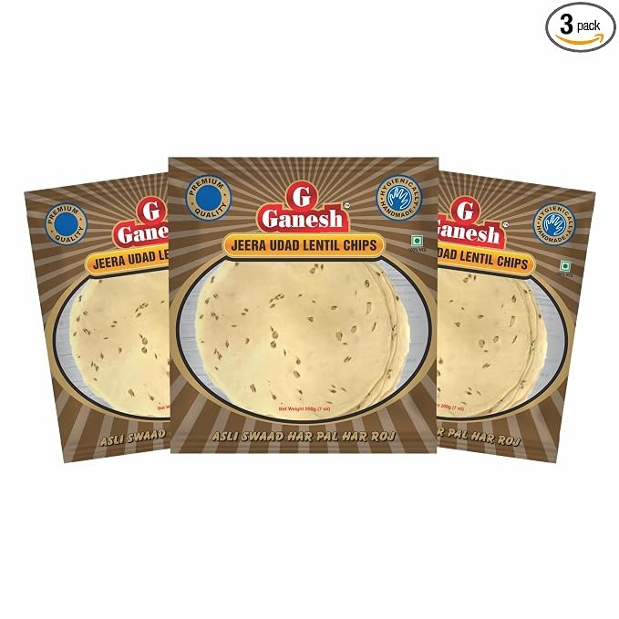 Ganesh Papad Jeera Udad lentil Papadum Chips, Pack of 3 Each 15 Pcs(200g /7oz) Handmade Indian Pappadums, Roast, Fry or Microwaveable, Protein & Fiber, No Preservatives, Ideal for Taco Shell, Nacho & Tea Party Snack