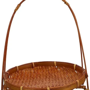 Bamboo Snack Stand Woven Hamper Veggie Tray Woven Storage Seagrass Rattan Basket Willow Basket Serving Tray Bamboo Weaving Light Brown with Handle Food