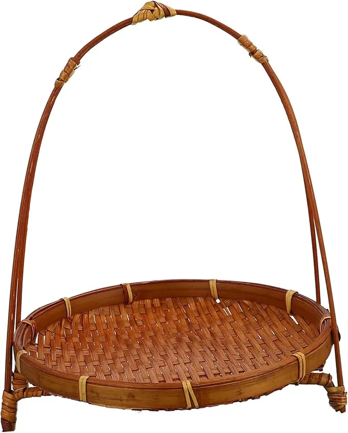 Bamboo Snack Stand Woven Hamper Veggie Tray Woven Storage Seagrass Rattan Basket Willow Basket Serving Tray Bamboo Weaving Light Brown with Handle Food