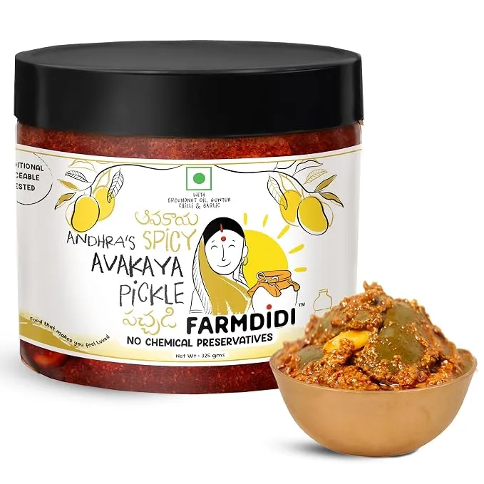 FarmDidi Avakaya Mango Pickle | Avakaya Aam Ka Achaar | Preservative Free Indian Spicy Aam Ka Achar | Andhra Style Authentic Special Mango Pickle | Theekha Homemade Pickles 325g