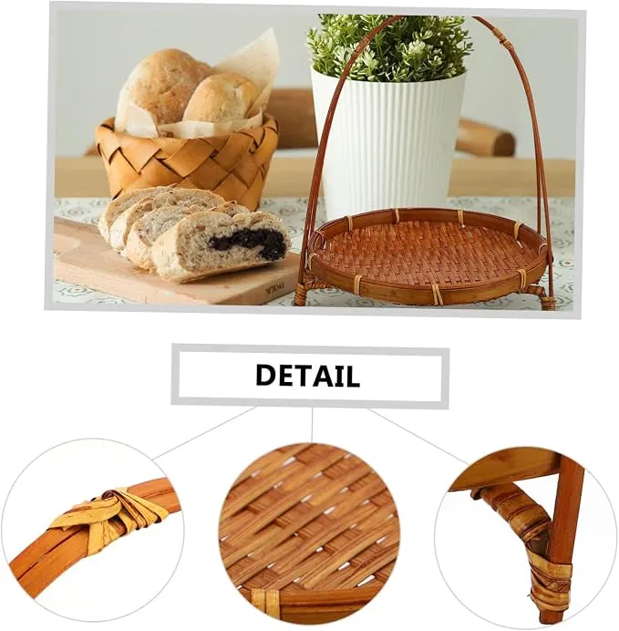 Bamboo Snack Stand Woven Hamper Veggie Tray Woven Storage Seagrass Rattan Basket Willow Basket Serving Tray Bamboo Weaving Light Brown with Handle Food