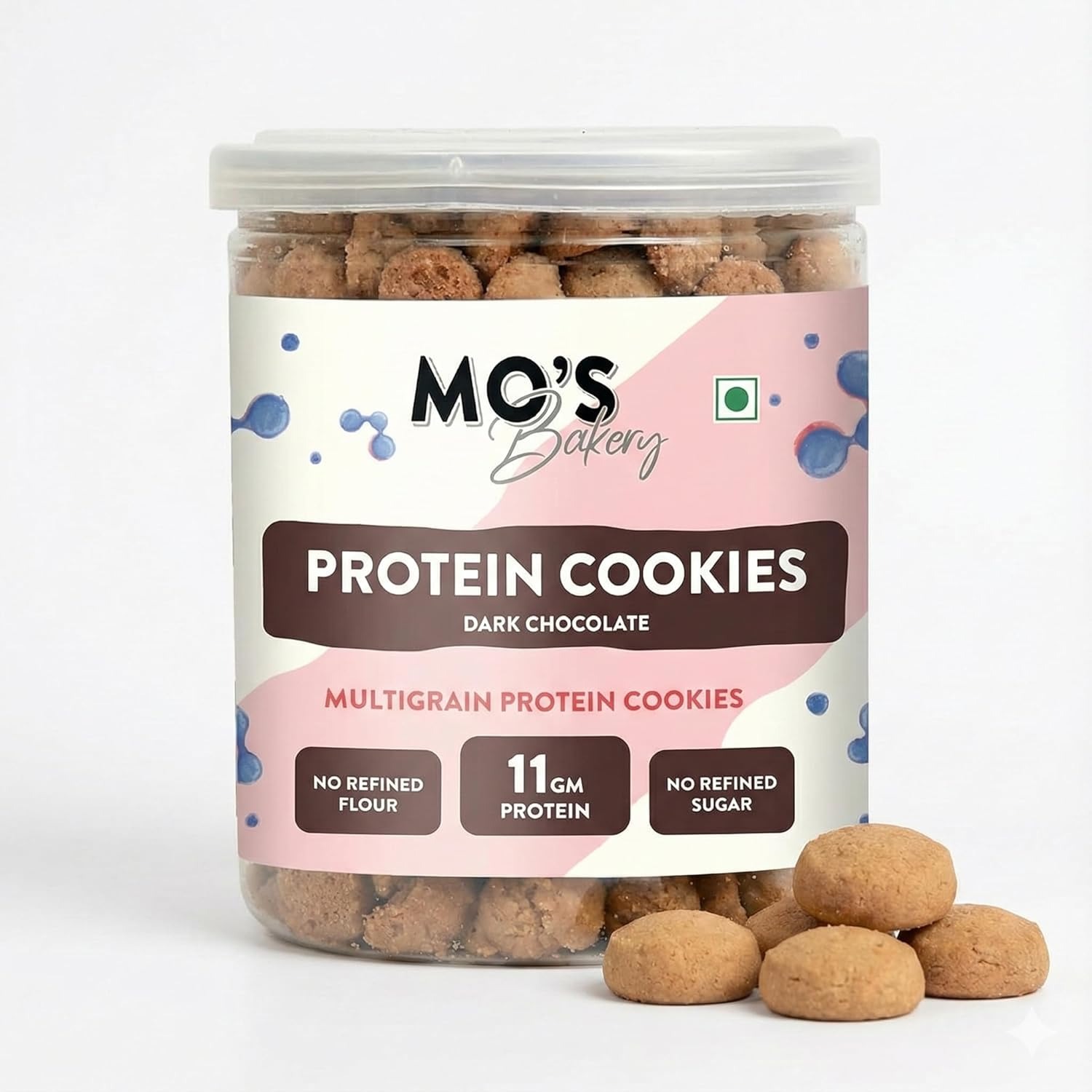 Mo’s Dark Chocolate Protein Cookies –150g | 11 G protein per 100g Serve | Mini Cookies | Multigrain, Plant-Based Snack with Pea Protein, Barley, Ragi & Oats | Sweetened with Jaggery