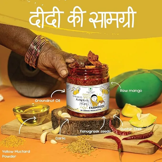 FarmDidi Avakaya Mango Pickle | Avakaya Aam Ka Achaar | Preservative Free Indian Spicy Aam Ka Achar | Andhra Style Authentic Special Mango Pickle | Theekha Homemade Pickles 325g