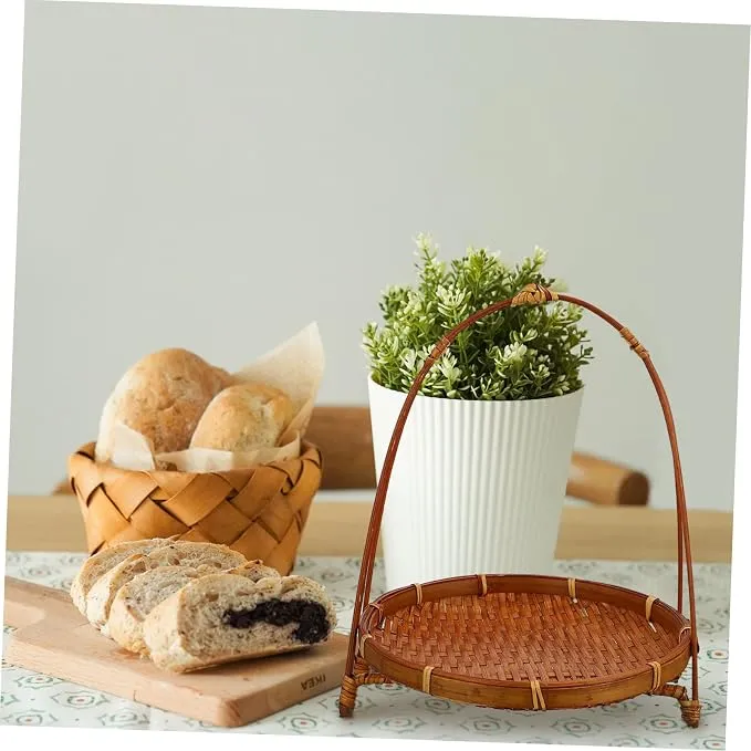 Bamboo Snack Stand Woven Hamper Veggie Tray Woven Storage Seagrass Rattan Basket Willow Basket Serving Tray Bamboo Weaving Light Brown with Handle Food