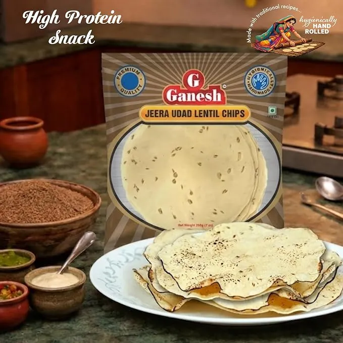 Ganesh Papad Jeera Udad lentil Papadum Chips, Pack of 3 Each 15 Pcs(200g /7oz) Handmade Indian Pappadums, Roast, Fry or Microwaveable, Protein & Fiber, No Preservatives, Ideal for Taco Shell, Nacho & Tea Party Snack