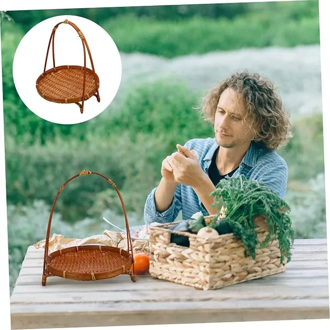 Bamboo Snack Stand Woven Hamper Veggie Tray Woven Storage Seagrass Rattan Basket Willow Basket Serving Tray Bamboo Weaving Light Brown with Handle Food