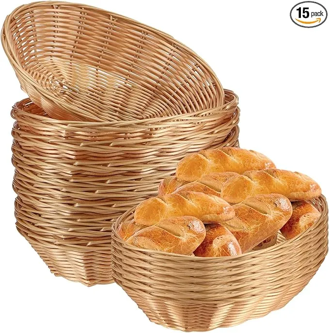 SINJEUN 15 Pack Wicker Bread Basket, Handwoven Oval Plastic Basket, Woven Tabletop Fruit Vegetables Food Serving Basket for Home, Kitchen, Restaurant, Light Brown