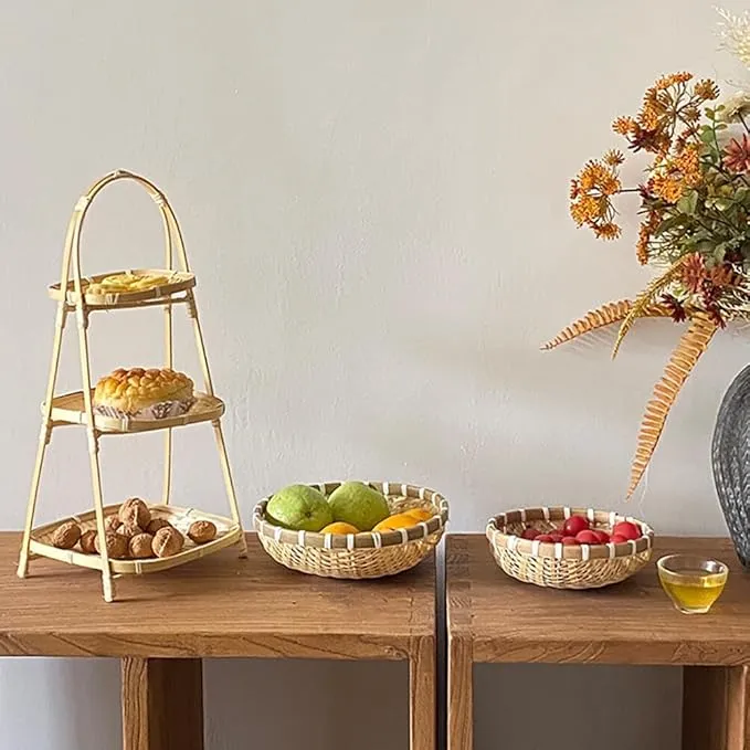 Fruit Tray Weaving by Grass, Handmade Bamboo Woven Basket Tray, Round Rattan Baskets for Fruit, Bread Serving Basket Decorative Basket for Gift Boho Basket