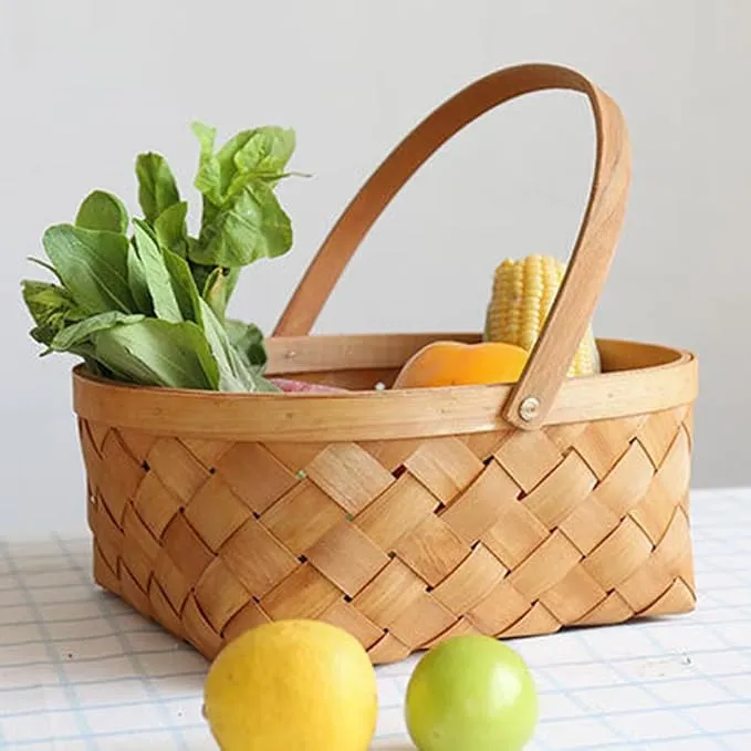 Rattan Woven Fruit Basket, Large Oval Storage Basket with Handle, Brown