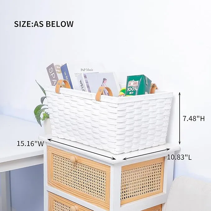 Picnic Basket, White Wicker Wood Basket with Double Handles for Storage Camping Party, 15.16" Lx10.83 Wx7.48 H inch