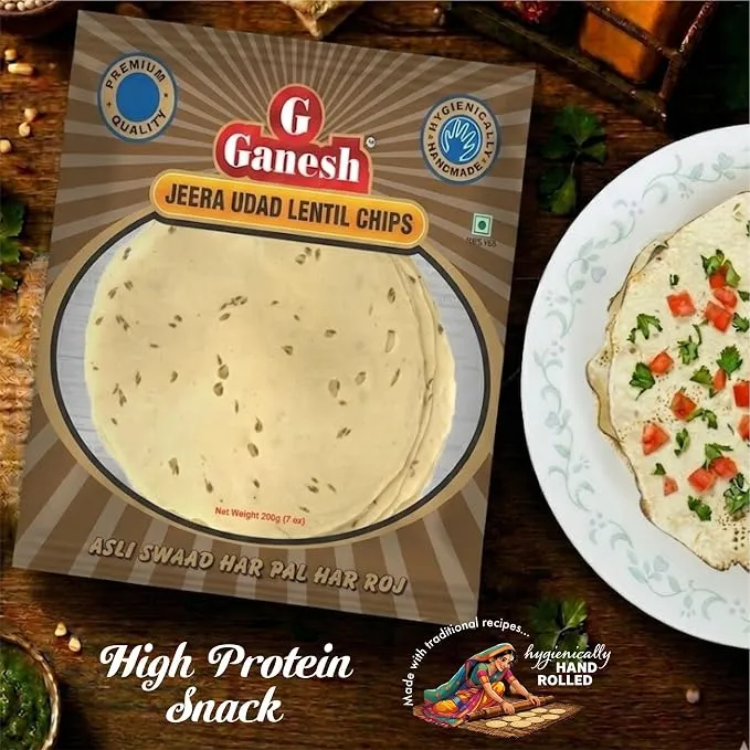 Ganesh Papad Jeera Udad lentil Papadum Chips, Pack of 3 Each 15 Pcs(200g /7oz) Handmade Indian Pappadums, Roast, Fry or Microwaveable, Protein & Fiber, No Preservatives, Ideal for Taco Shell, Nacho & Tea Party Snack