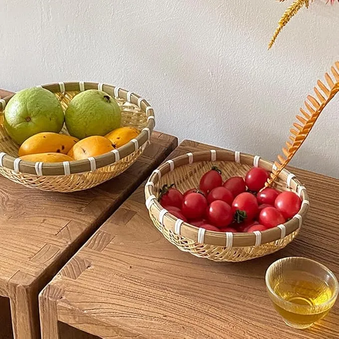Fruit Tray Weaving by Grass, Handmade Bamboo Woven Basket Tray, Round Rattan Baskets for Fruit, Bread Serving Basket Decorative Basket for Gift Boho Basket