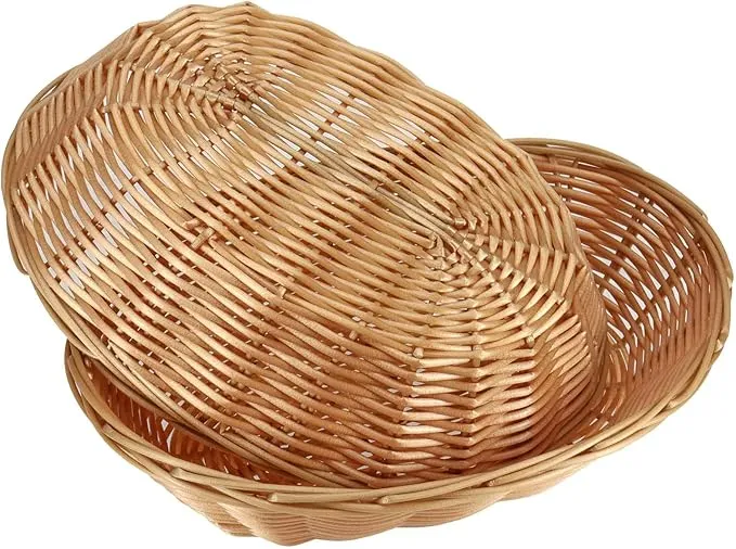 SINJEUN 15 Pack Wicker Bread Basket, Handwoven Oval Plastic Basket, Woven Tabletop Fruit Vegetables Food Serving Basket for Home, Kitchen, Restaurant, Light Brown