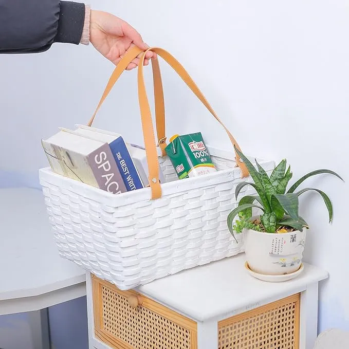 Picnic Basket, White Wicker Wood Basket with Double Handles for Storage Camping Party, 15.16" Lx10.83 Wx7.48 H inch