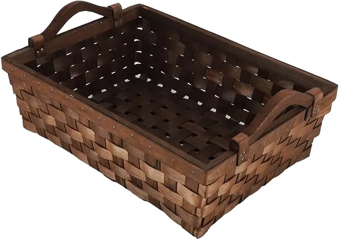 Rectangular Wicker Basket, Woven Wooden Storage Tray with Handles for Gift Bread