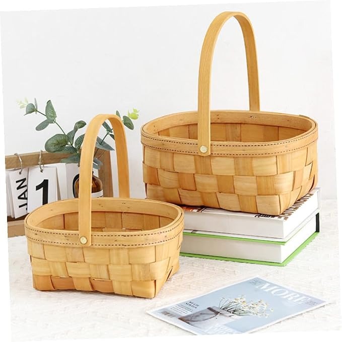 Zerodeko Woven Hand Basket Plants Gifts Farmhouse Basket Cookie Gift Woven Basket Bamboo Basket with Handle Wicker Storage Basket Woven Basket with Handle Planter Bamboo Weaving Wood