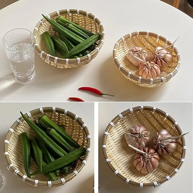 Fruit Tray Weaving by Grass, Handmade Bamboo Woven Basket Tray, Round Rattan Baskets for Fruit, Bread Serving Basket Decorative Basket for Gift Boho Basket