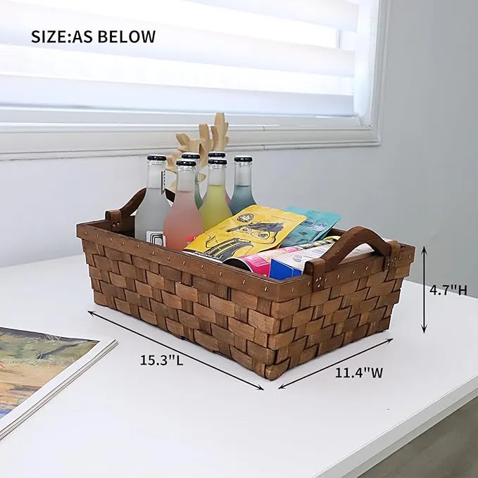 Rectangular Wicker Basket, Woven Wooden Storage Tray with Handles for Gift Bread