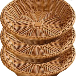 3 Pack Fruit Basket, Round Wicker Bread Basket Countertop, Reusable Stackable Woven Baskets for Living room, Kitchen, Store, Restaurant, Party
