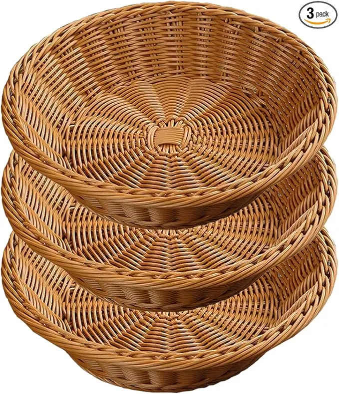 3 Pack Fruit Basket, Round Wicker Bread Basket Countertop, Reusable Stackable Woven Baskets for Living room, Kitchen, Store, Restaurant, Party