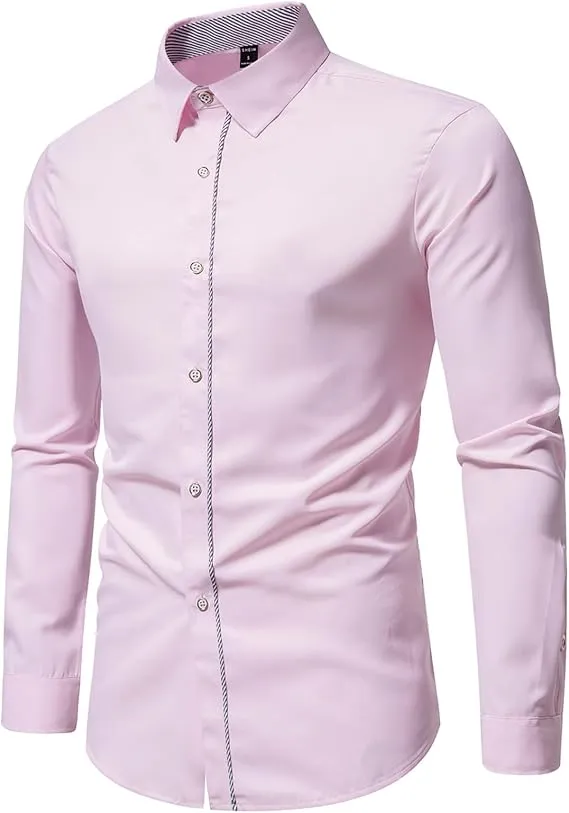 Mens Dress Shirts Slim Fit Long Sleeve Solid Button Down T-Shirt Regular-Fit Collared Shirts Work Party Tops Tees