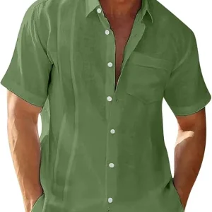 Dress Shirts for Men Short Sleeve Cotton Linen Shirts Casual Stylish Solid Summer Button Down Shirts Beach Tees