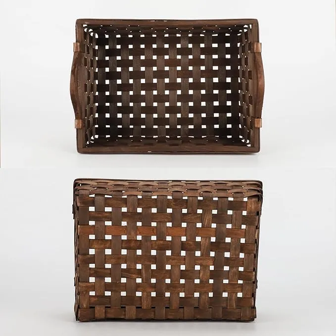 Rectangular Wicker Basket, Woven Wooden Storage Tray with Handles for Gift Bread