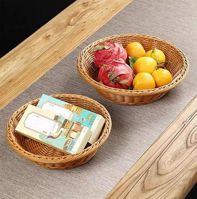3 Pack Fruit Basket, Round Wicker Bread Basket Countertop, Reusable Stackable Woven Baskets for Living room, Kitchen, Store, Restaurant, Party