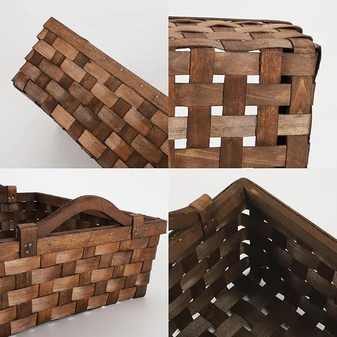 Rectangular Wicker Basket, Woven Wooden Storage Tray with Handles for Gift Bread