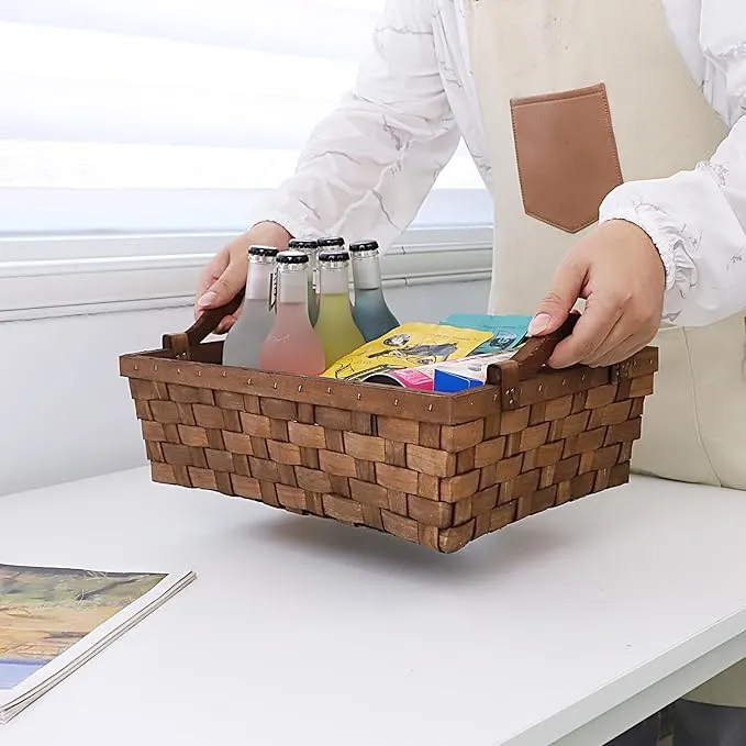 Rectangular Wicker Basket, Woven Wooden Storage Tray with Handles for Gift Bread
