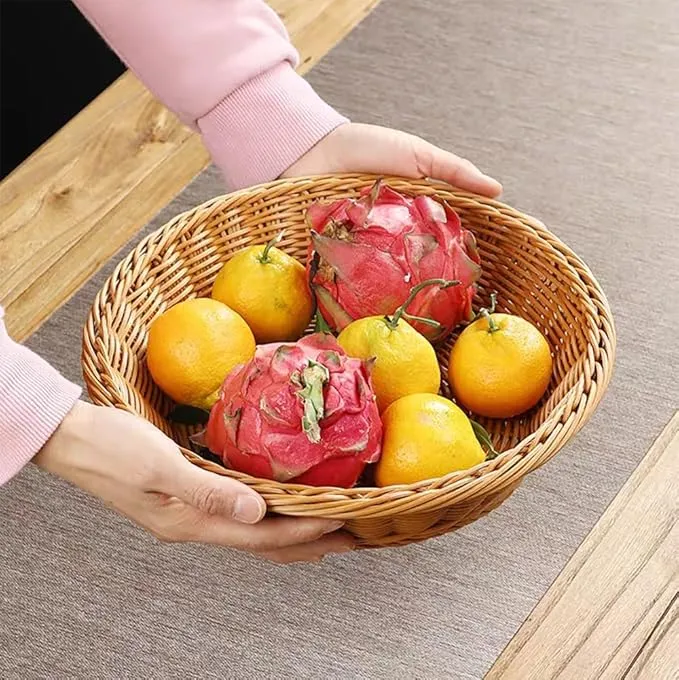 3 Pack Fruit Basket, Round Wicker Bread Basket Countertop, Reusable Stackable Woven Baskets for Living room, Kitchen, Store, Restaurant, Party
