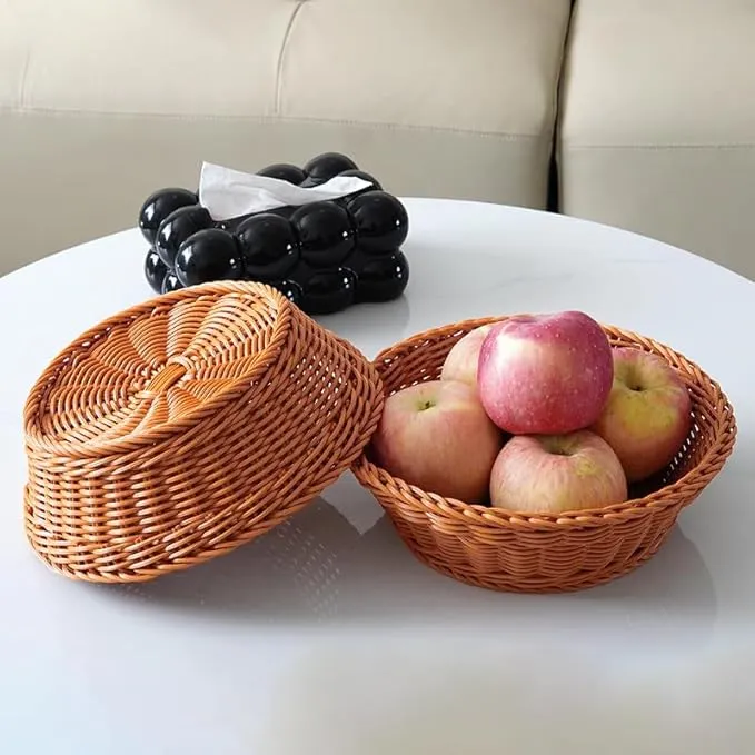 3 Pack Fruit Basket, Round Wicker Bread Basket Countertop, Reusable Stackable Woven Baskets for Living room, Kitchen, Store, Restaurant, Party