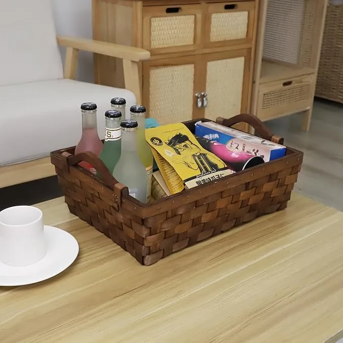 Rectangular Wicker Basket, Woven Wooden Storage Tray with Handles for Gift Bread