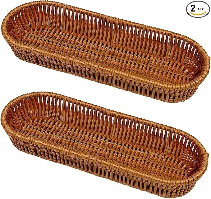 RT&BS Handwoven Utensil Basket, Artisan Mini Bread Basket, Flatware Storage Narrow Baskets for Farmhouse Kitchen, Rustic Dining Table Decor (2pcs, Oval)