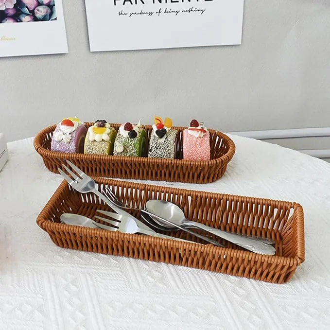 RT&BS Handwoven Utensil Basket, Artisan Mini Bread Basket, Flatware Storage Narrow Baskets for Farmhouse Kitchen, Rustic Dining Table Decor (2pcs, Oval)