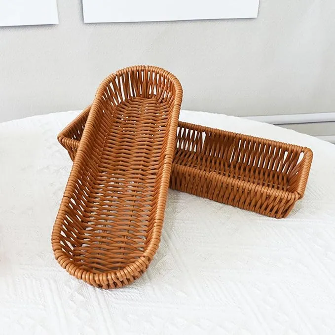RT&BS Handwoven Utensil Basket, Artisan Mini Bread Basket, Flatware Storage Narrow Baskets for Farmhouse Kitchen, Rustic Dining Table Decor (2pcs, Oval)